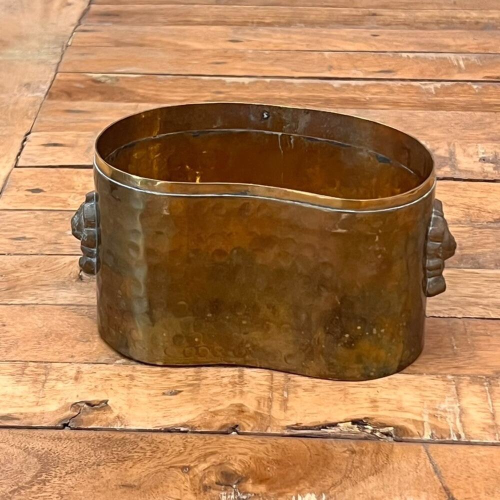 Vintage Hammered Brass Planter 6" Small Rose Emblems